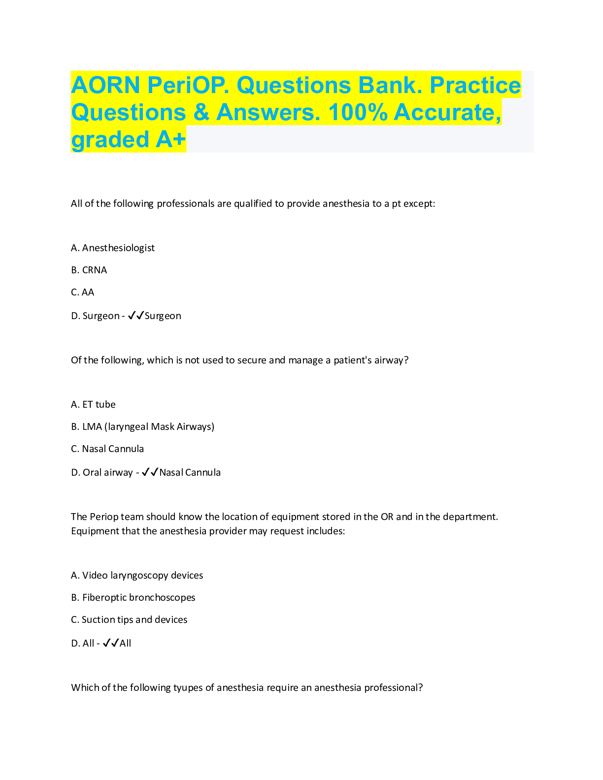 Preview image for AORN PeriOP. Questions Bank. Practice  Questions & Answers. 100% Accurate,  graded A+
